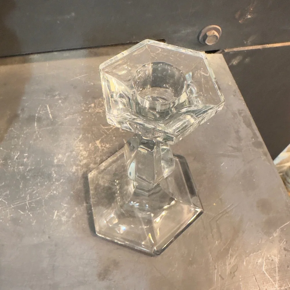 Clear Crystal Taper Candle Holder Hexagon Base Faceted Stem Elegant Table Decor‎